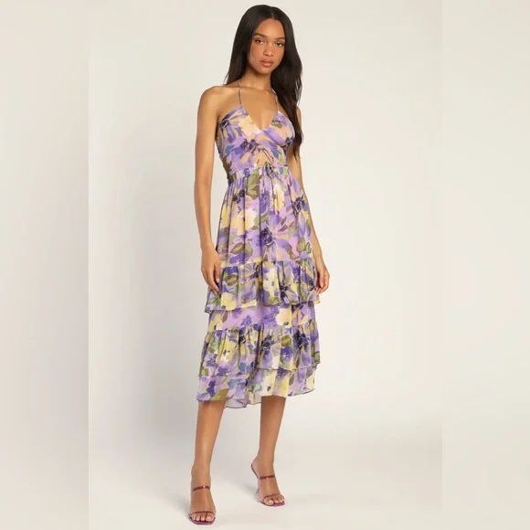 Lulus | Dresses | Purple Floral Tiered Cutout Halter Midi